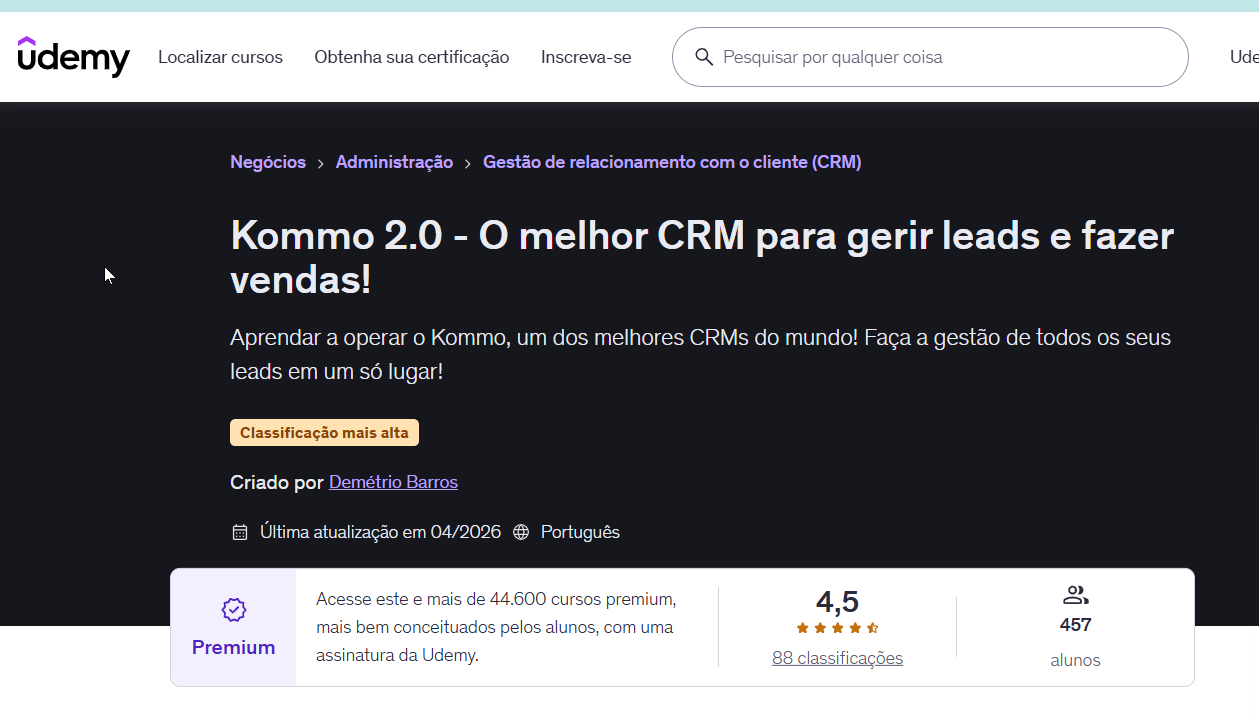Curso oficial Kommo CRM da Avenna na plataforma Udemy, com mais de 450 alunos matriculados